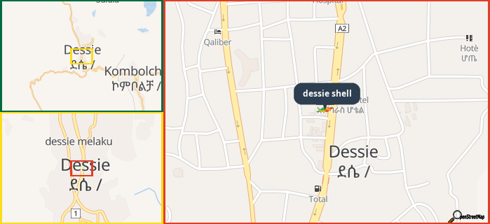 Map showing the address of dessie shell in three different zoom levels.