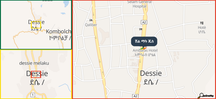 Map showing the address of ሽል ማት ጁስ in three different zoom levels.