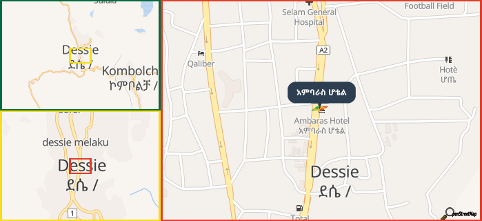 Map showing the address of አምባራስ ሆቴል in three different zoom levels.