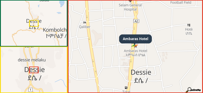 Map showing the address of Ambaras Hotel in three different zoom levels.