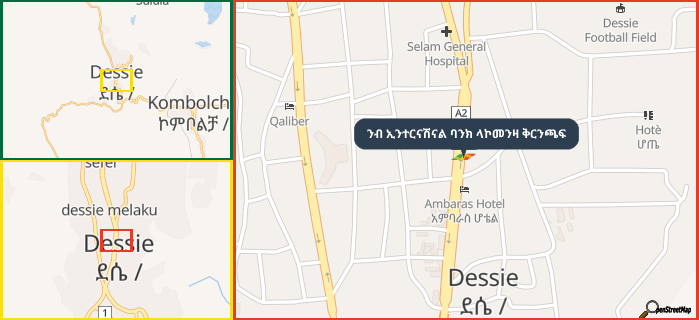 Map showing the address of ንብ ኢንተርናሽናል ባንክ ላኮመንዛ ቅርንጫፍ in three different zoom levels.