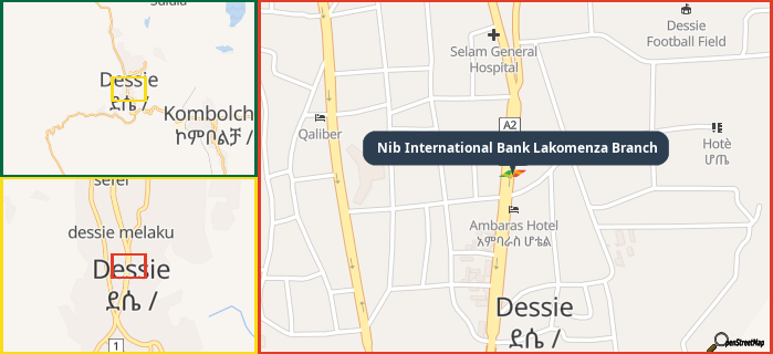 Map showing the address of Nib International Bank Lakomenza Branch in three different zoom levels.