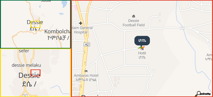 Map showing the address of ሆጤ in three different zoom levels.