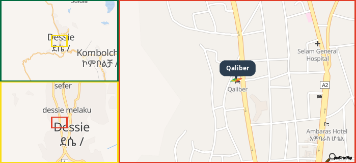 Map showing the address of Qaliber in three different zoom levels.