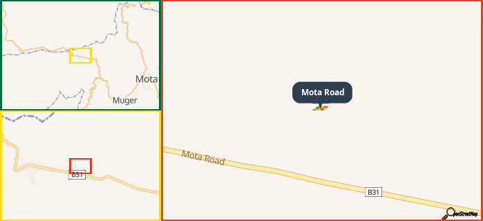 Map showing the address of Mota Road in three different zoom levels.