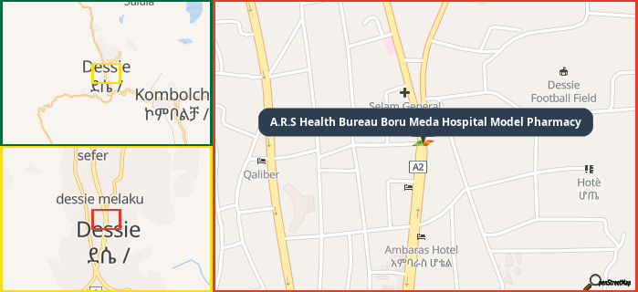 Map showing the address of A.R.S Health Bureau Boru Meda Hospital Model Pharmacy in three different zoom levels.