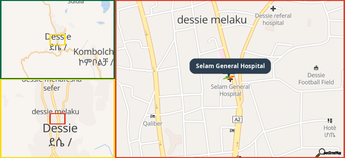 Map showing the address of Selam General Hospital in three different zoom levels.