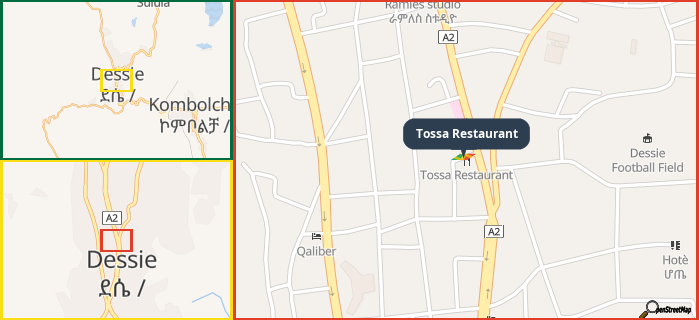 Map showing the address of Tossa Restaurant in three different zoom levels.