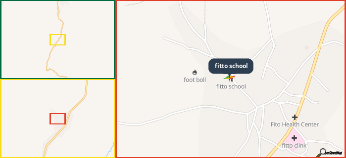 Map showing the address of fitto school in three different zoom levels.