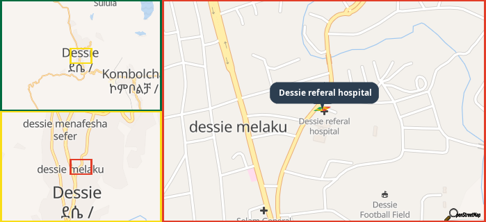 Map showing the address of Dessie referal hospital in three different zoom levels.