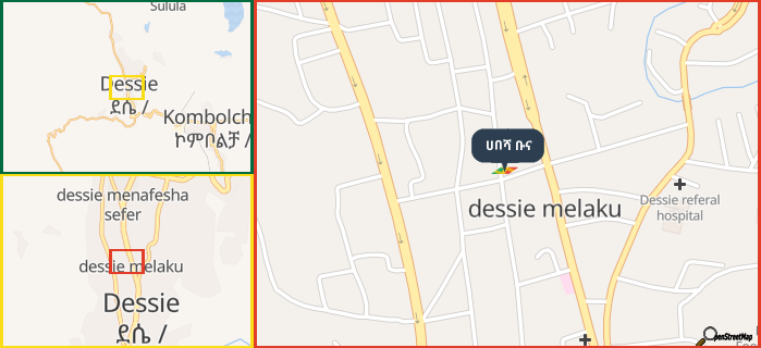 Map showing the address of ሀበሻ ቡና in three different zoom levels.