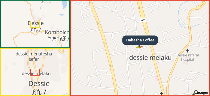 Map showing the address of Habesha Coffee in three different zoom levels.