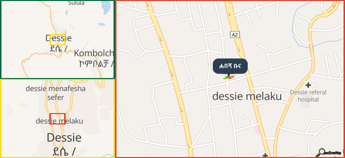 Map showing the address of ሐበሻ ቡና in three different zoom levels.