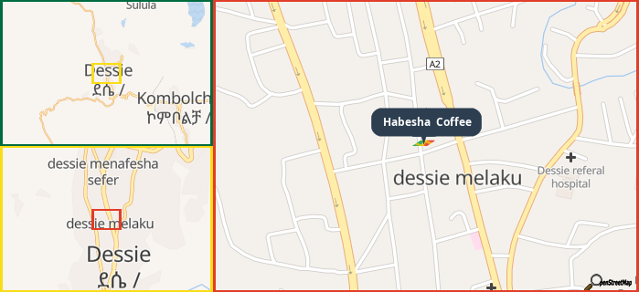 Map showing the address of Habesha  Coffee in three different zoom levels.