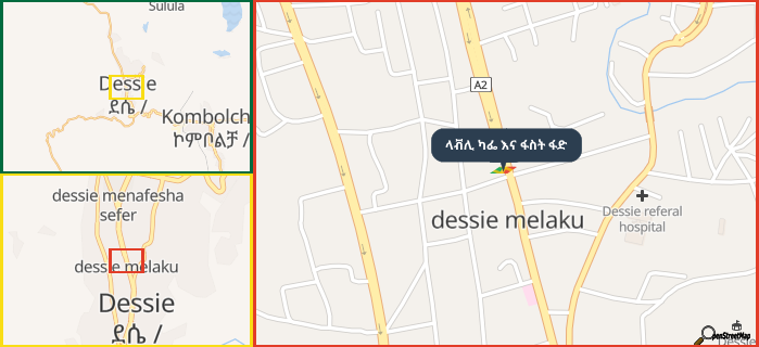 Map showing the address of ላቭሊ ካፌ እና ፋስት ፋድ in three different zoom levels.