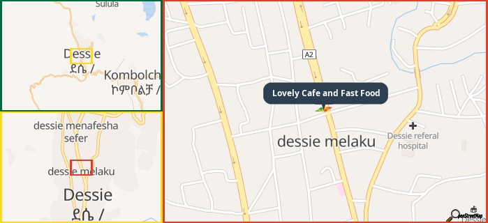 Map showing the address of Lovely Cafe and Fast Food in three different zoom levels.