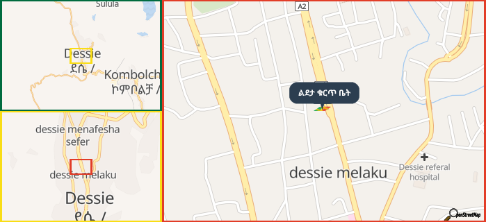 Map showing the address of ልደታ ቁርጥ ቤት in three different zoom levels.