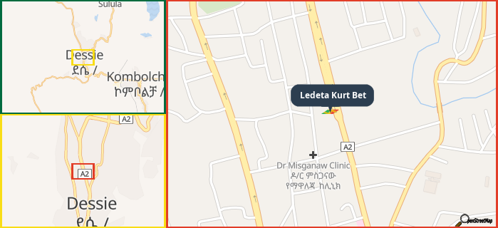 Map showing the address of Ledeta Kurt Bet in three different zoom levels.