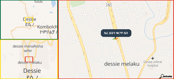 Map showing the address of ኬር ይሁን ቁርጥ ቤት in three different zoom levels.