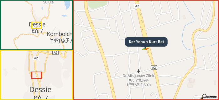 Map showing the address of Ker Yehun Kurt Bet in three different zoom levels.