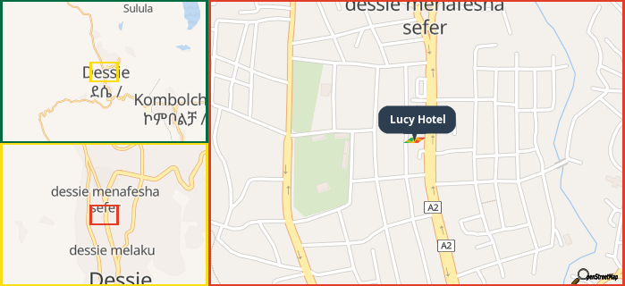 Map showing the address of Lucy Hotel in three different zoom levels.