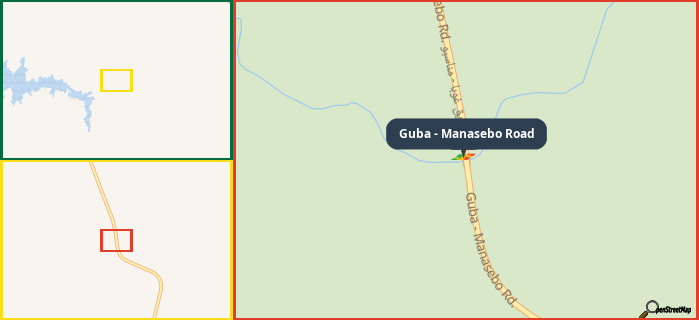 Map showing the address of Guba - Manasebo Road in three different zoom levels.