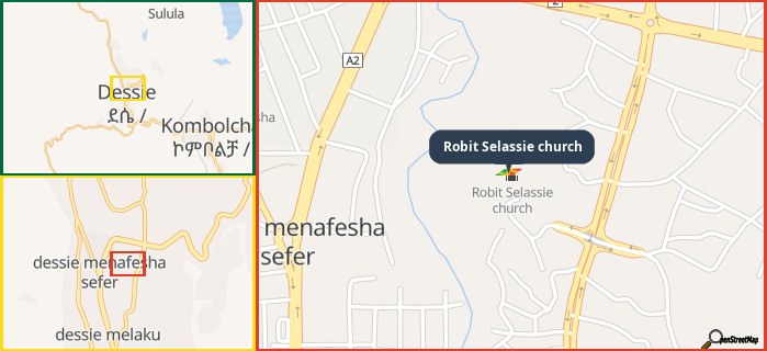 Map showing the address of Robit Selassie church in three different zoom levels.