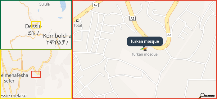 Map showing the address of furkan mosque in three different zoom levels.