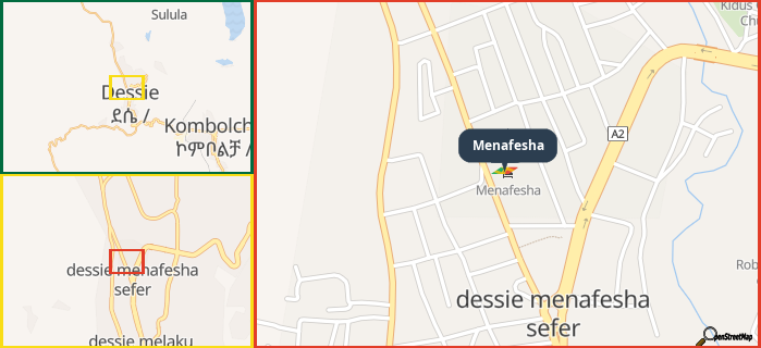 Map showing the address of Menafesha in three different zoom levels.