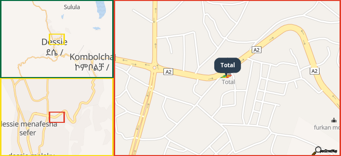 Map showing the address of Total in three different zoom levels.