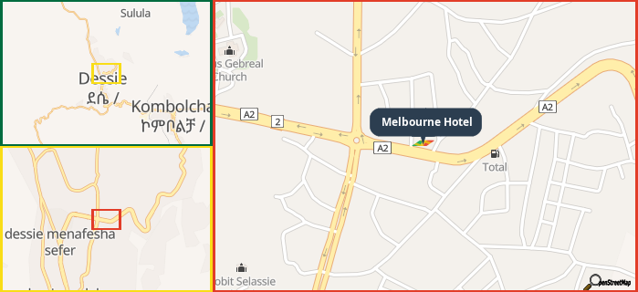 Map showing the address of Melbourne Hotel in three different zoom levels.