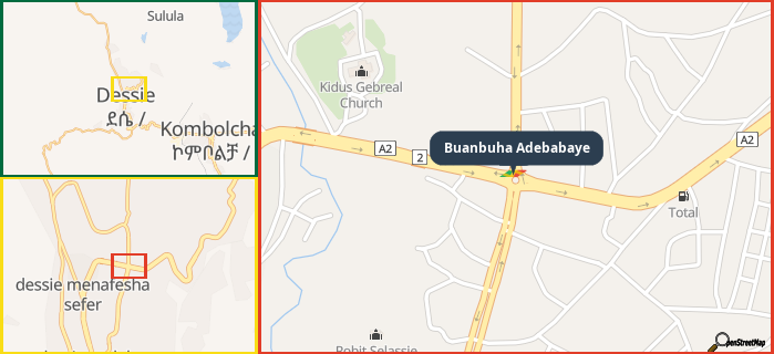 Map showing the address of Buanbuha Adebabaye in three different zoom levels.