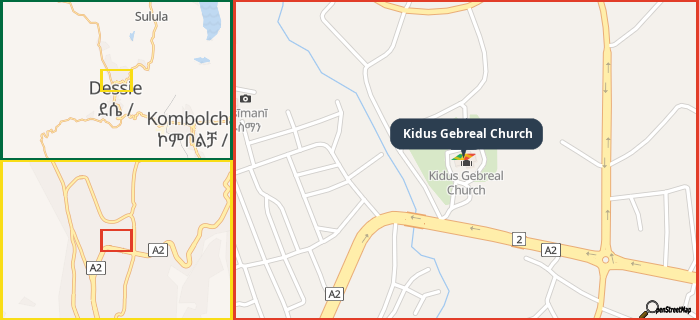 Map showing the address of Kidus Gebreal Church in three different zoom levels.