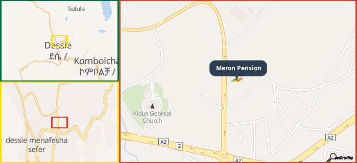 Map showing the address of Meron Pension in three different zoom levels.