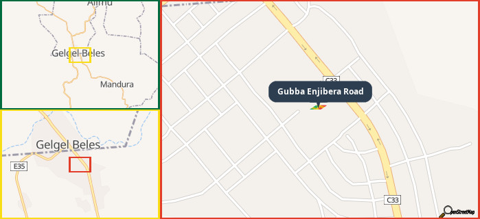 Map showing the address of Gubba Enjibera Road in three different zoom levels.