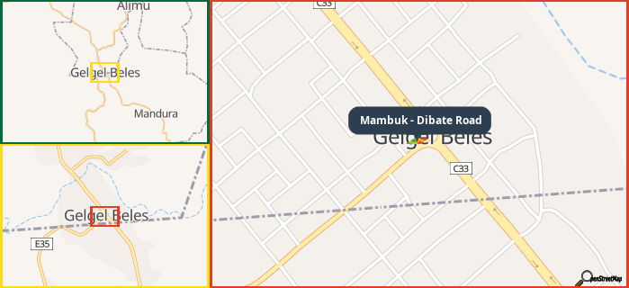 Map showing the address of Mambuk - Dibate Road in three different zoom levels.