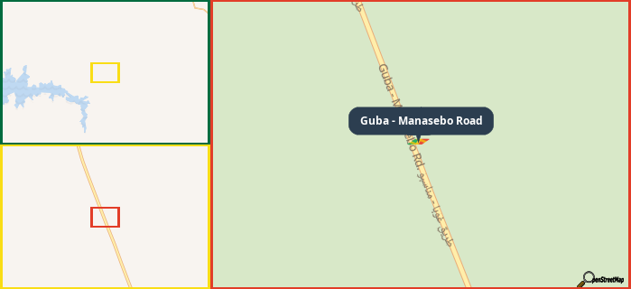 Map showing the address of Guba - Manasebo Road in three different zoom levels.