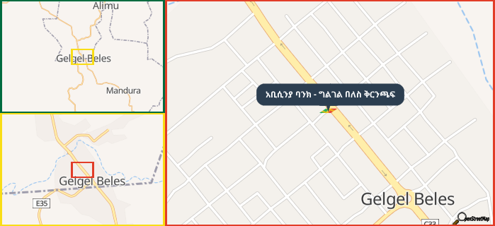 Map showing the address of አቢሲንያ ባንክ - ግልገል በለስ ቅርንጫፍ in three different zoom levels.