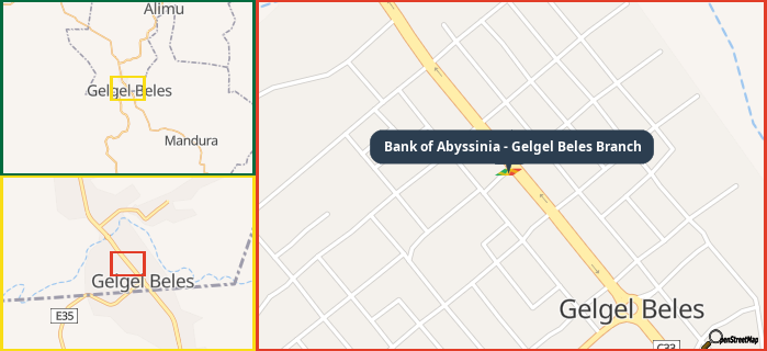 Map showing the address of Bank of Abyssinia - Gelgel Beles Branch in three different zoom levels.