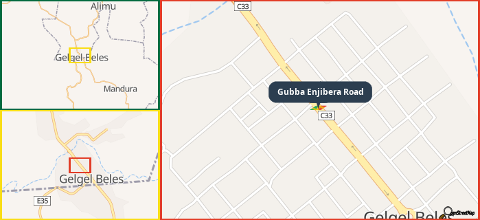 Map showing the address of Gubba Enjibera Road in three different zoom levels.