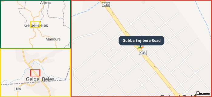 Map showing the address of Gubba Enjibera Road in three different zoom levels.