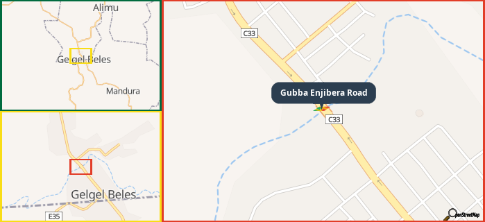 Map showing the address of Gubba Enjibera Road in three different zoom levels.