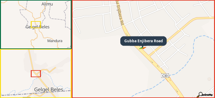 Map showing the address of Gubba Enjibera Road in three different zoom levels.