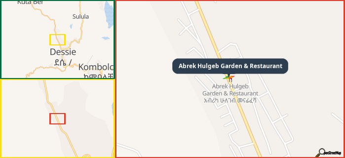 Map showing the address of Abrek Hulgeb Garden & Restaurant in three different zoom levels.