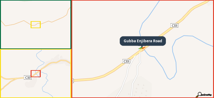 Map showing the address of Gubba Enjibera Road in three different zoom levels.