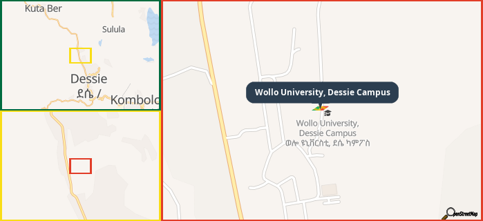 Map showing the address of Wollo University, Dessie Campus in three different zoom levels.