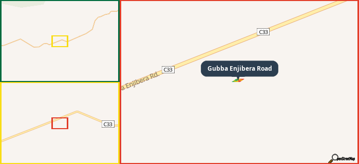 Map showing the address of Gubba Enjibera Road in three different zoom levels.