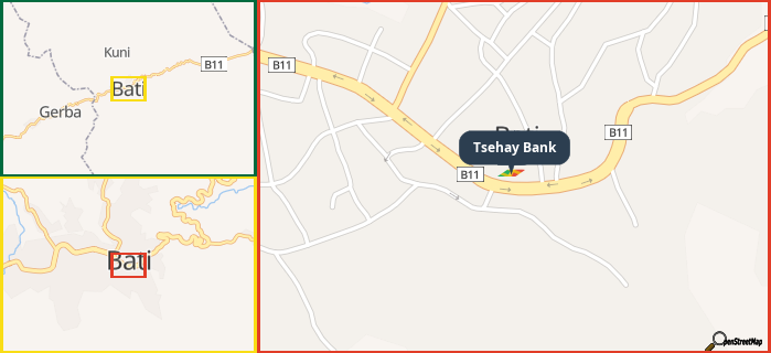 Map showing the address of Tsehay Bank in three different zoom levels.