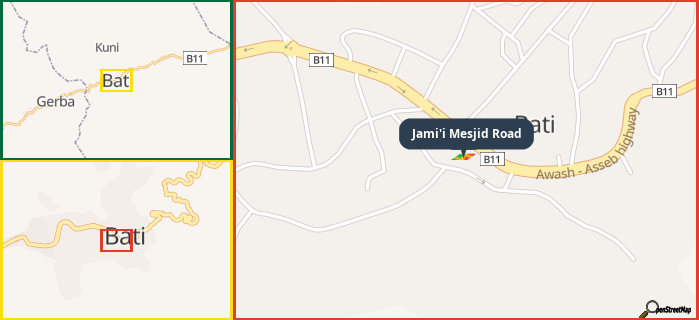 Map showing the address of Jami'i Mesjid Road in three different zoom levels.