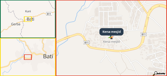 Map showing the address of Kersa mesjid in three different zoom levels.